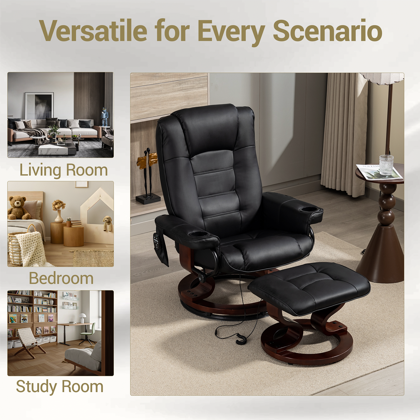 DELMANGO Swivel Massage Recliner with Ottoman, Adjustable Recline Wood Base Faux Leather Lounge Chair, Footrest Accent Chair for Living Room & Bedroom, Black