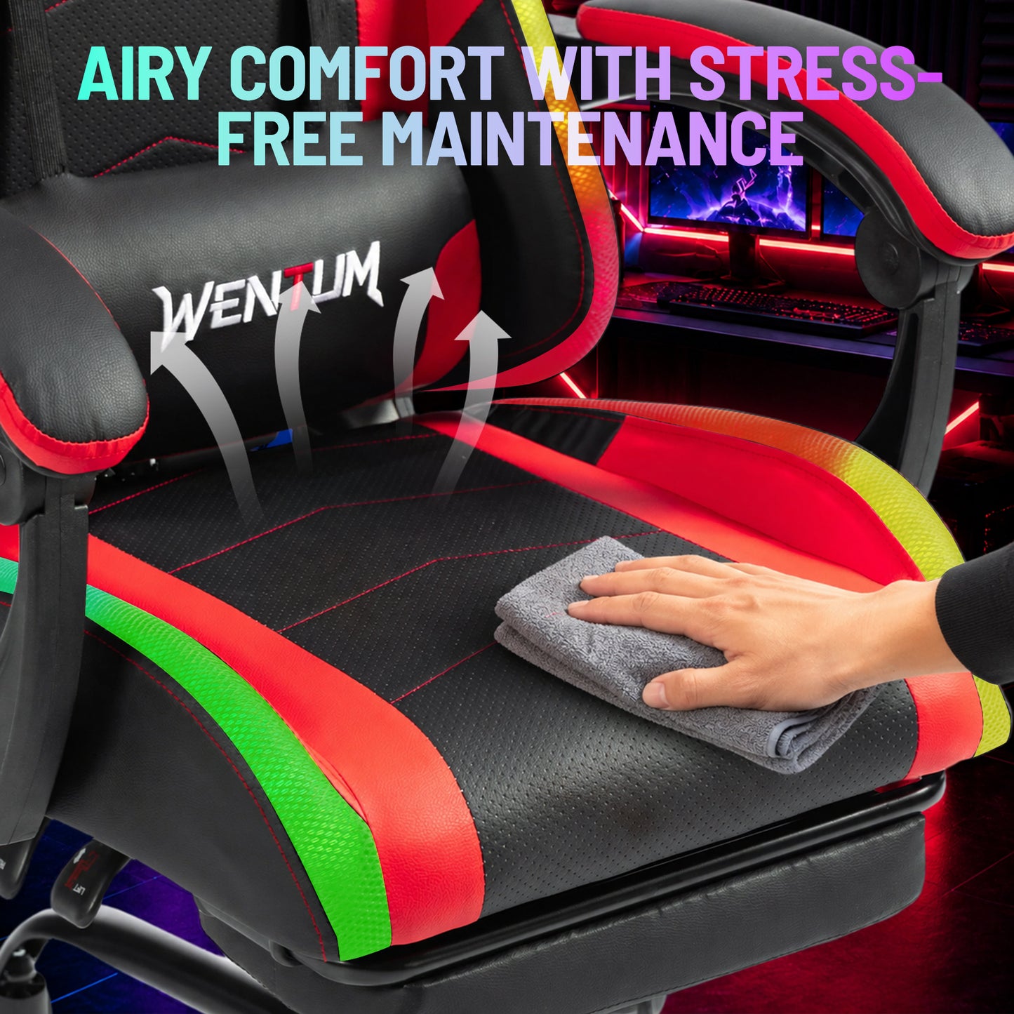 Delmango RGB Ergonomic Gaming Chair with Massage, LED Lights, Footrest, Lumbar Support, Red