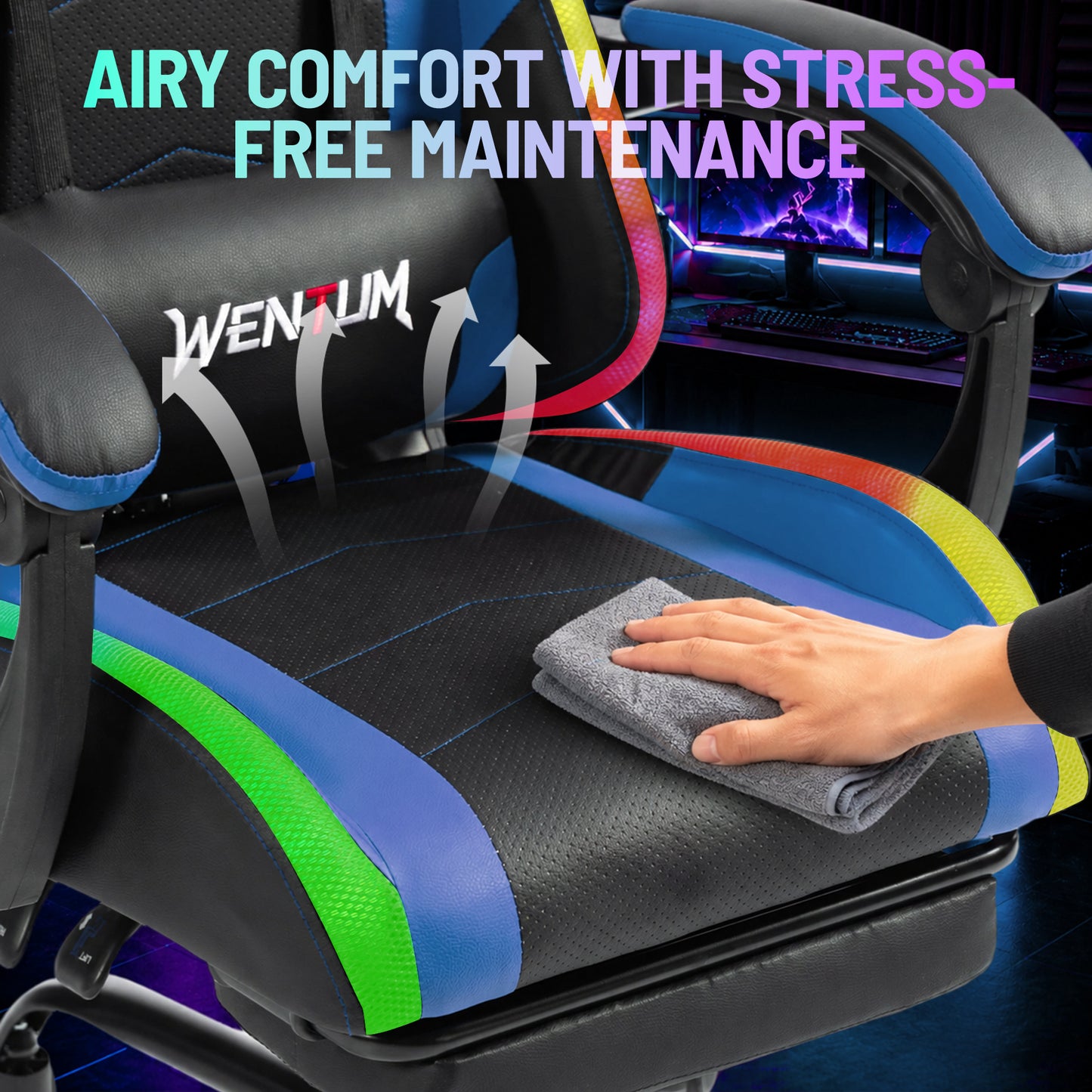 Delmango RGB Ergonomic Gaming Chair with Massage, LED Lights, Footrest, Lumbar Support, Blue