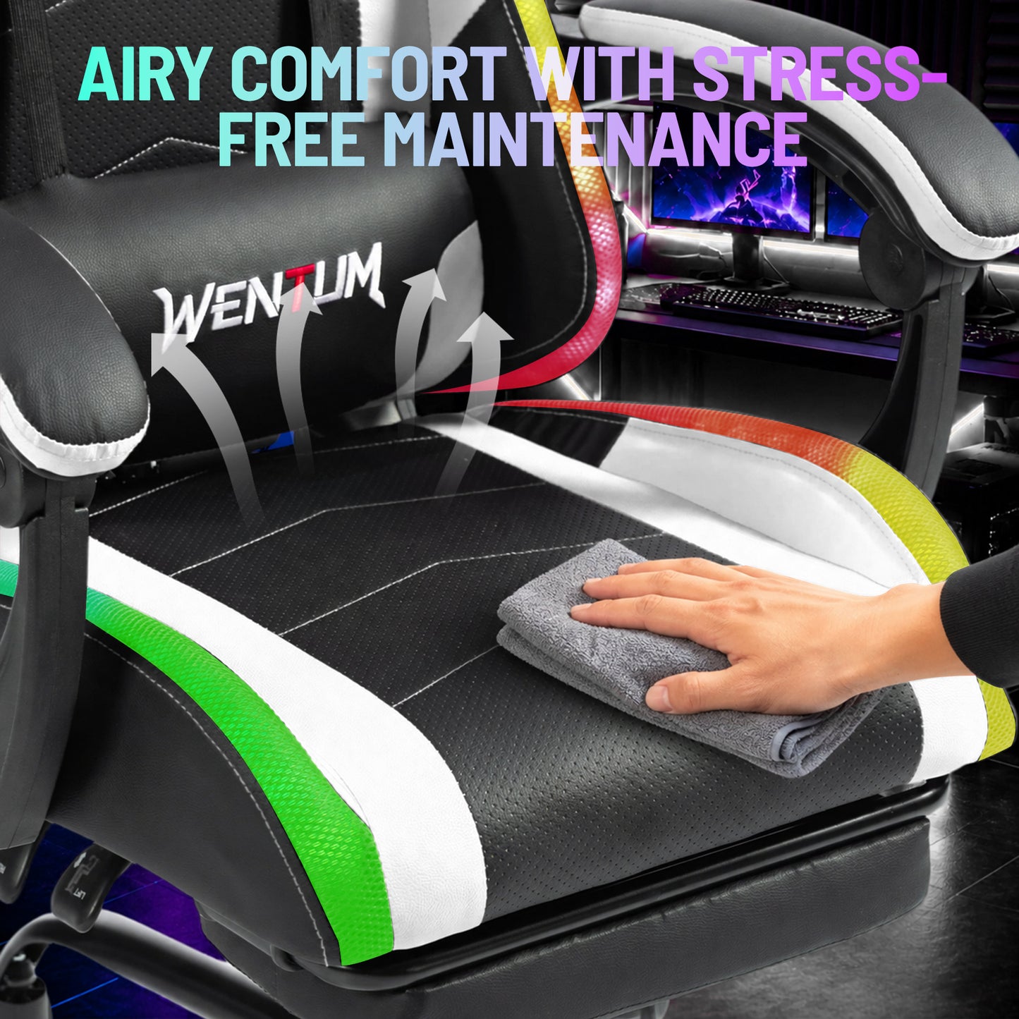 Delmango RGB Ergonomic Gaming Chair with Massage, LED Lights, Footrest, Lumbar Support, White