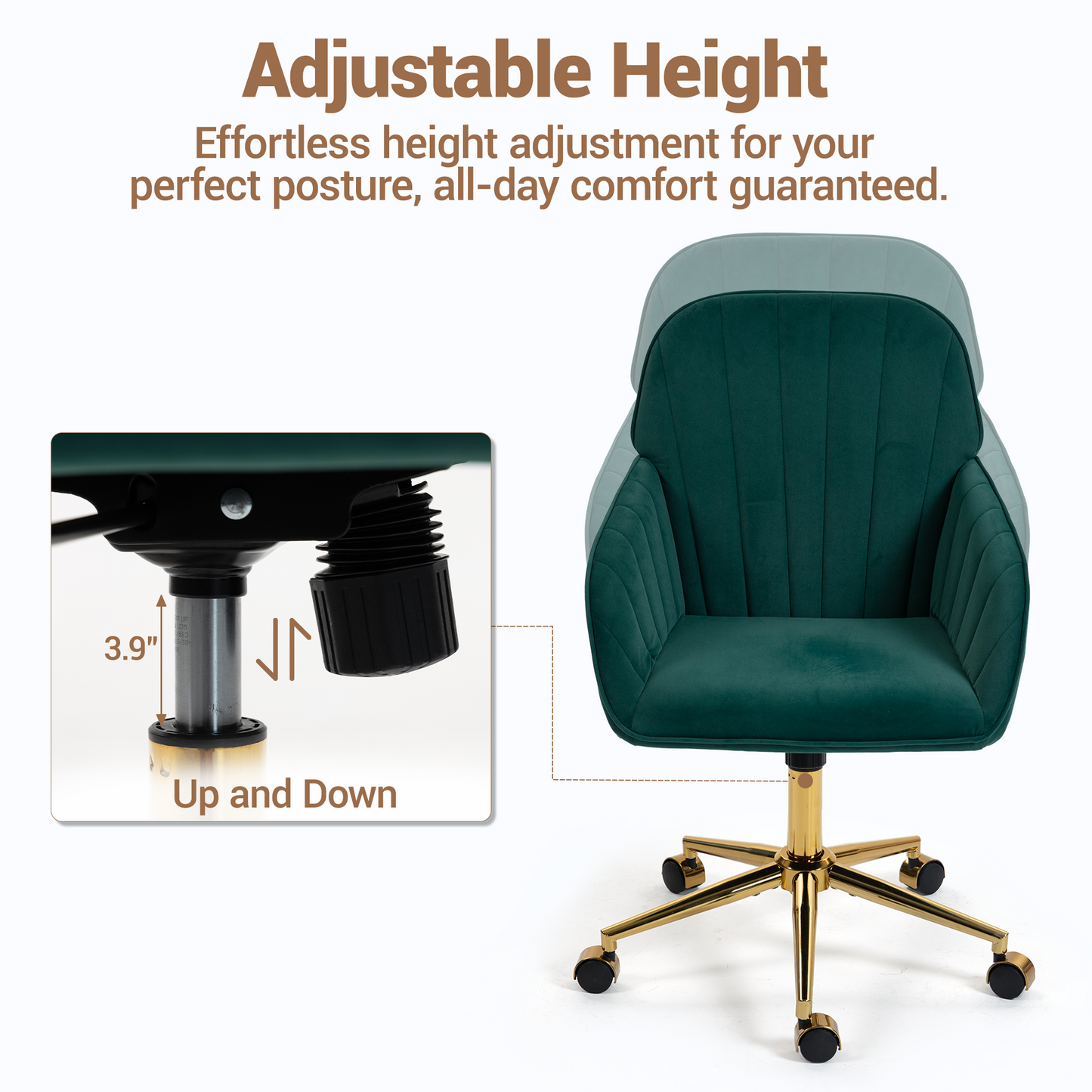 DELMANGO Velvet Adjustable Desk Chair with Gold Base & Wheels, Modern Swivel Vanity Office Chair for Home, Living Room, Bedroom & Study, Green