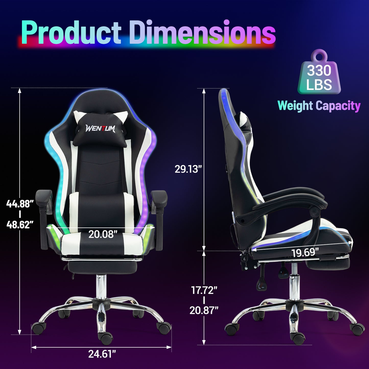 DELMANGO Gaming Chair,Racing Style RGB LED Lights Gaming Chair with Footrest and Massage Lumbar Support ,High Back Reclining Computer Chair for Adults and Kids White/Black