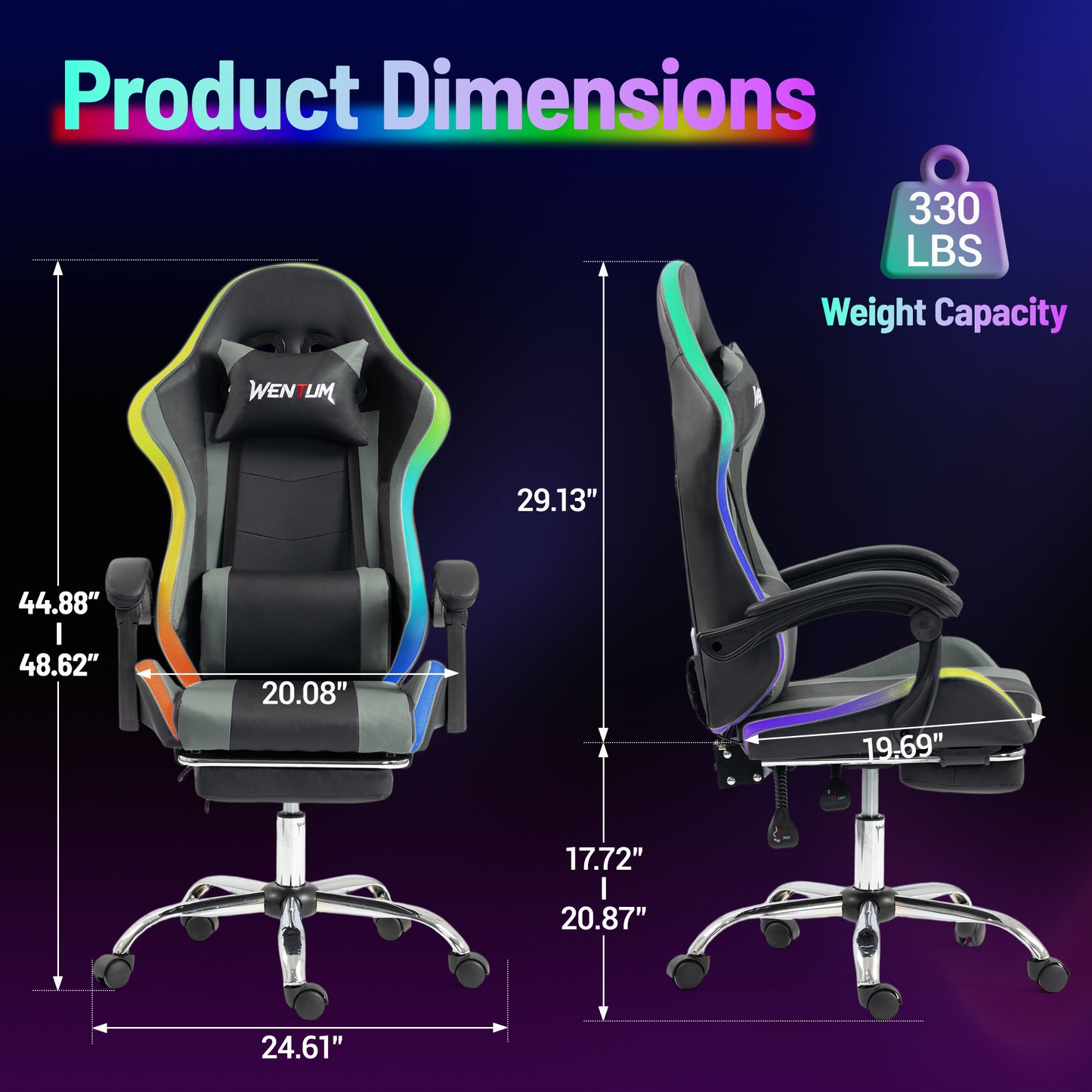 DELMANGO Gaming Chair,Racing Style RGB LED Lights Gaming Chair with Footrest and Massage Lumbar Support ,High Back Reclining Computer Chair for Adults and Kids Gray/Black