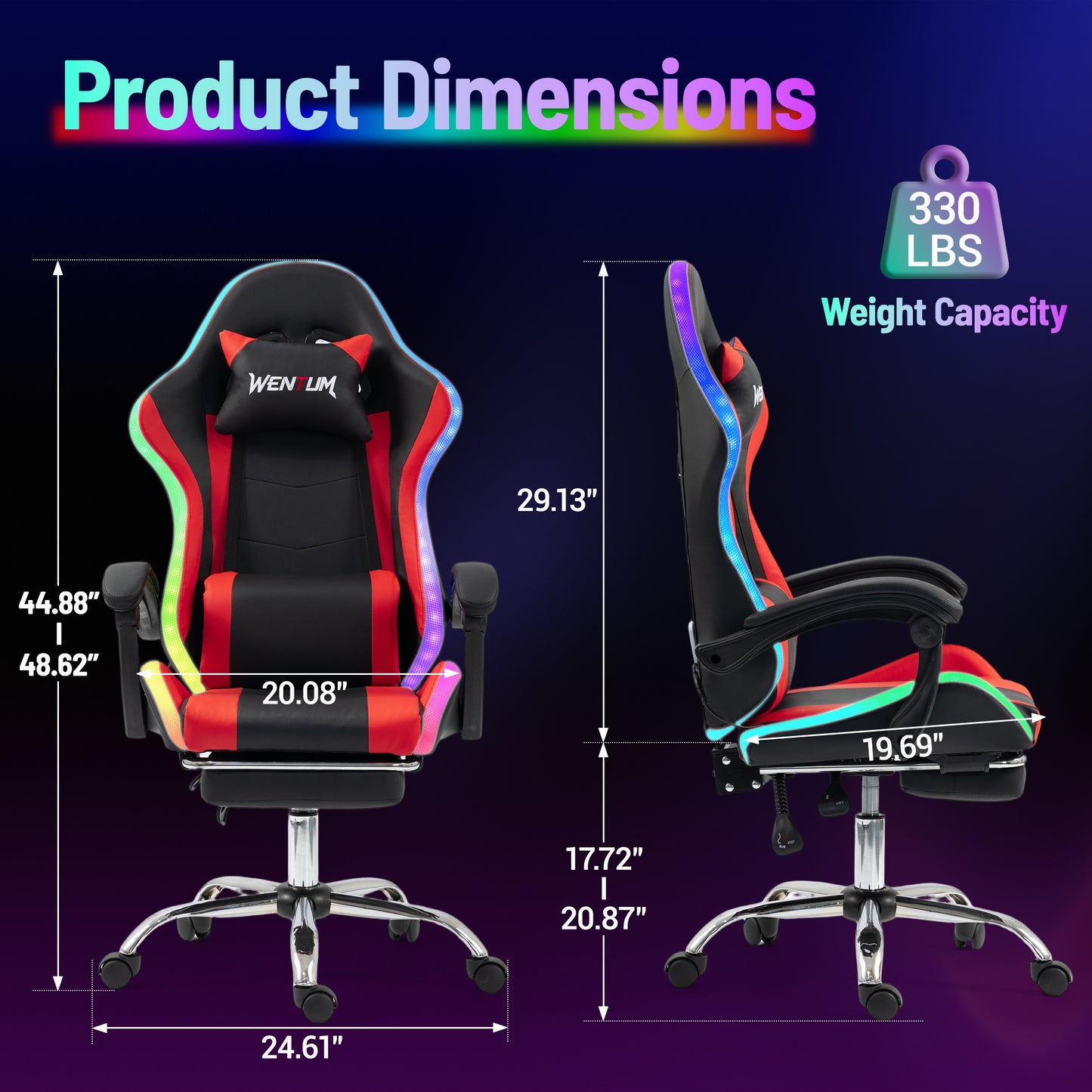 DELMANGO Gaming Chair,Racing Style RGB LED Lights Gaming Chair with Footrest and Massage Lumbar Support ,High Back Reclining Computer Chair for Adults and Kids Red/Black