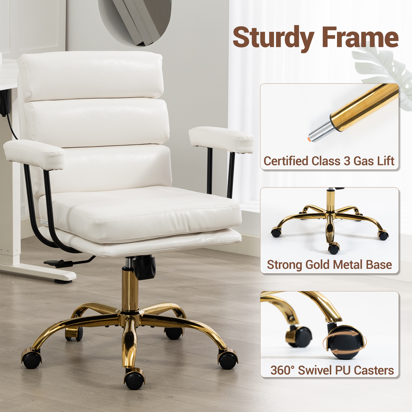 DELMANGO Faux Leather Home Office Desk Chair with Padded Seat & Armrests, Gold Base Vanity Swivel Chair with Adjustable Height and Wheels, White