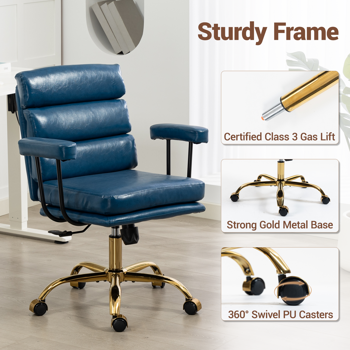 DELMANGO Faux Leather Home Office Desk Chair with Padded Seat & Armrests, Gold Base Vanity Swivel Chair with Adjustable Height and Wheels, Blue