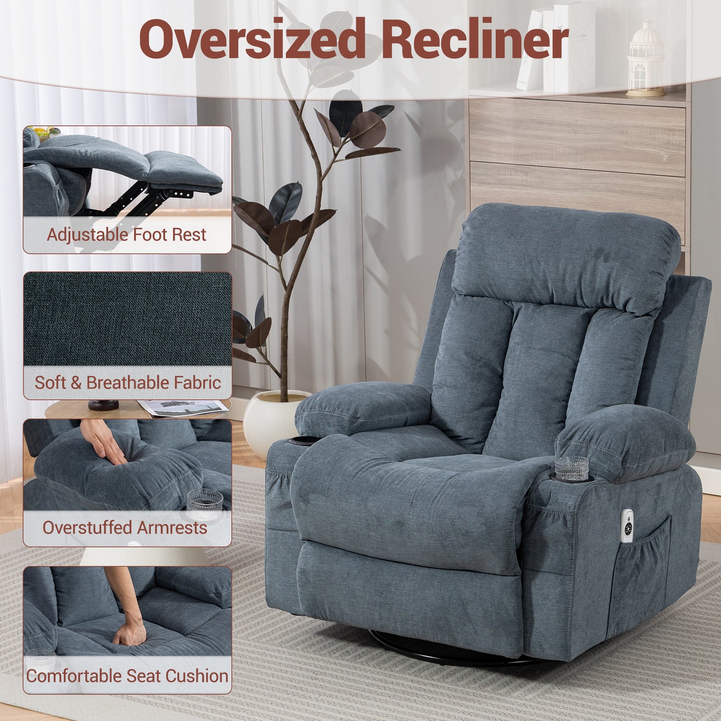 DELMANGO Swivel Rocker Recliner Chair with Vibration Massage & Heat, 360 Degree Rotating Lounge Chair for Adults, Ergonomic Rocking Chair with Side Pocket & Cup Holders, Blue
