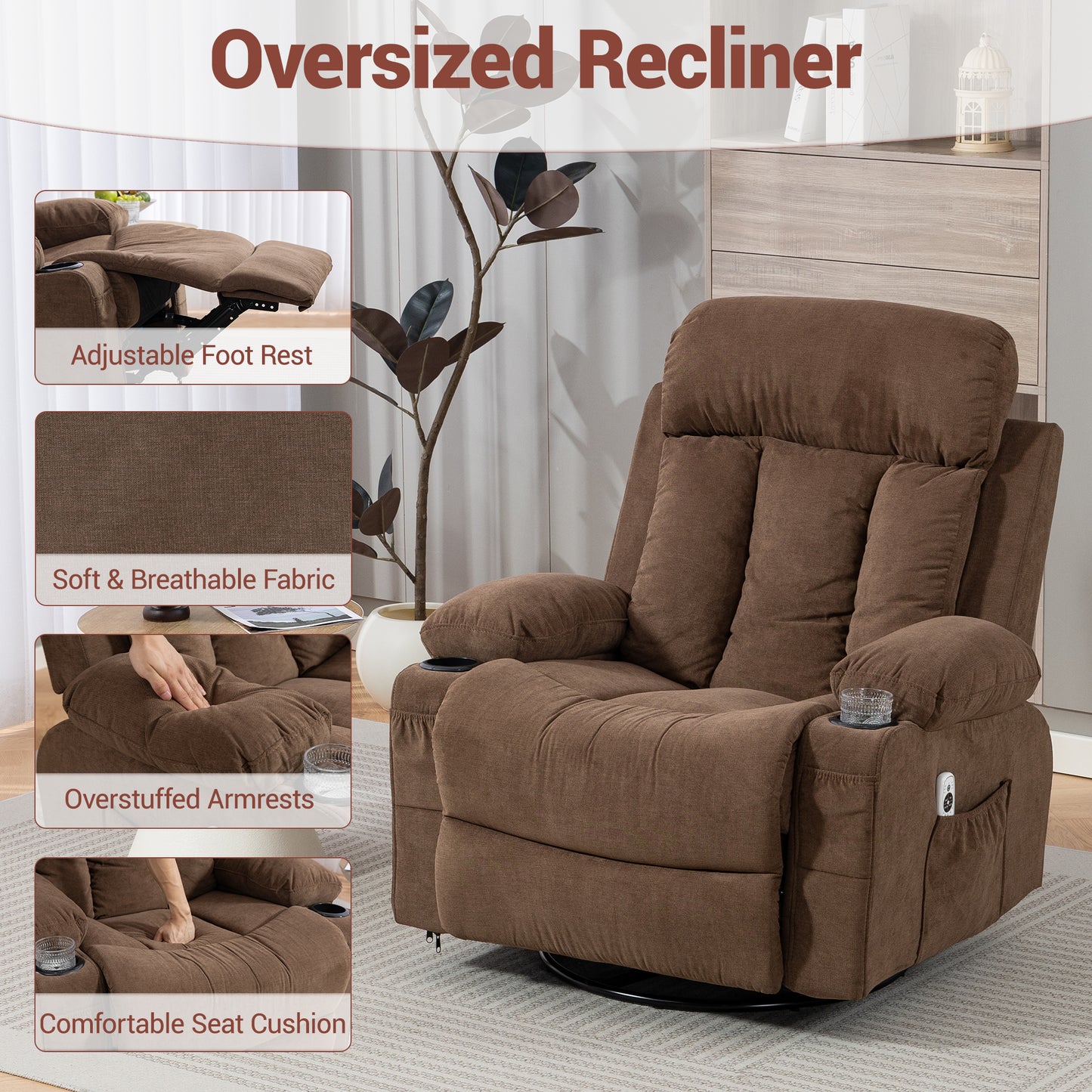DELMANGO Swivel Rocker Recliner Chair with Vibration Massage & Heat, 360 Degree Rotating Lounge Chair for Adults, Ergonomic Rocking Chair with Side Pocket & Cup Holders, Brown