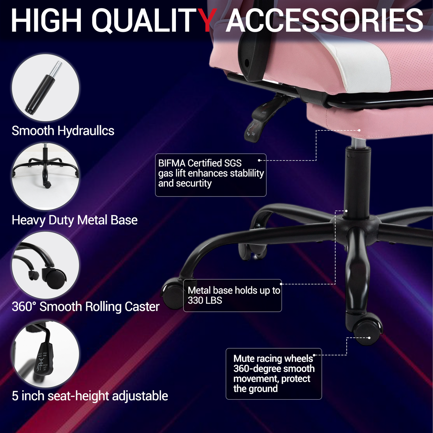 DELMANGO Ergonomic Reclining Gaming Chair with Linkage Armrests & Footrest, Racing Style Office Chair, PU Leather Computer Desk Chair, Pink