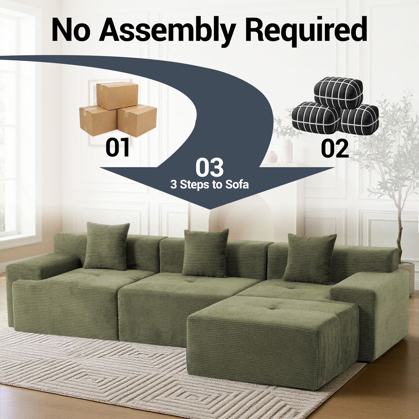 DELMANGO 119'' Cloud Sectional Sofa, Boneless Sofa with Chaise, Flexible Module Combination for Living Room, No Assembly, Green