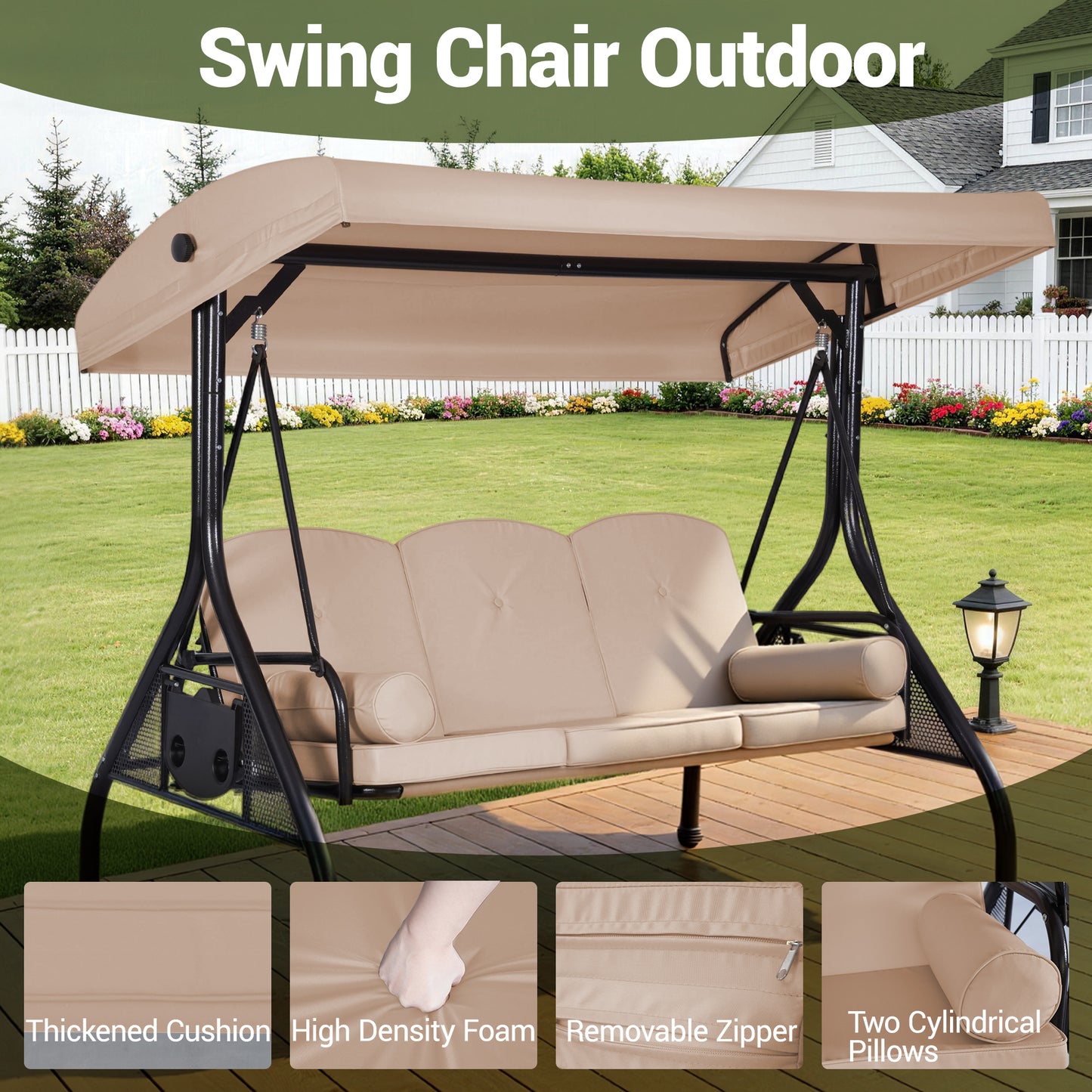 DELMANGO 3-Seat Outdoor Porch Swing with Adjustable Canopy, 2 in 1 Convertible Patio Swing Bed, Patio Glider Swing for Backyard, Beige
