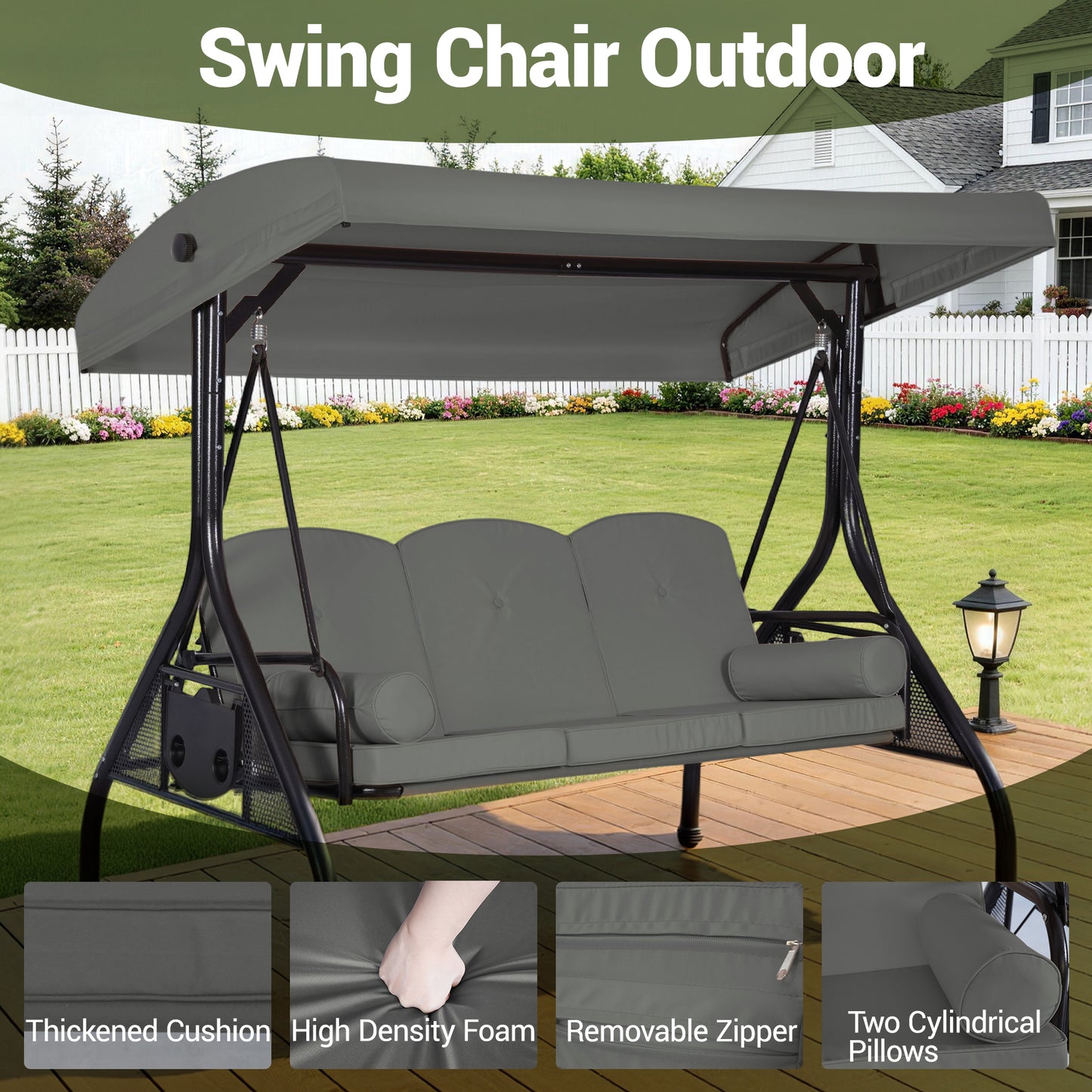 DELMANGO 3-Seat Outdoor Porch Swing with Adjustable Canopy, 2 in 1 Convertible Patio Swing Bed, Patio Glider Swing for Backyard, Gray