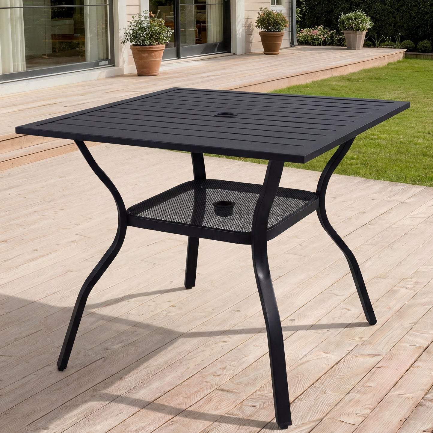 DELMANGO 37" Outdoor Dining Table for 4, Metal Square Patio Dining Table with Adjustable Umbrella Hole for Garden, Backyard and Porch, Black