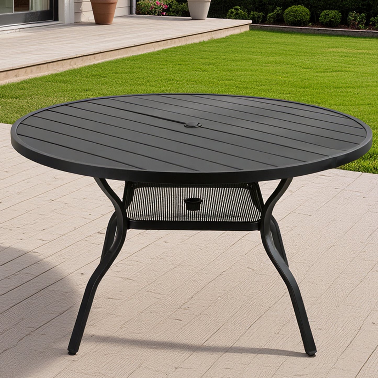 DELMANGO 55" Outdoor Dining Table for 6-8, Metal Round Patio Dining Table with Adjustable Umbrella Hole for Garden, Backyard and Porch, Black