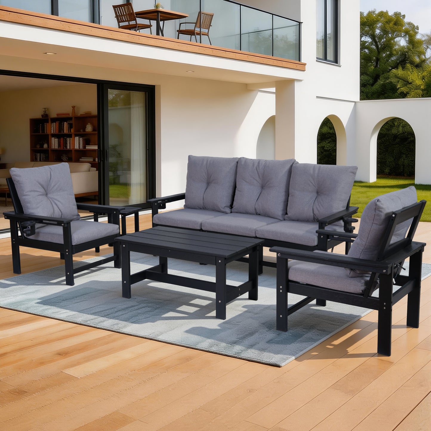 DELMANGO Patio Furniture Sets,7 Pieces Outdoor Conversation Set with Removable Washable Cushion,Wood Tepoy and Table Black