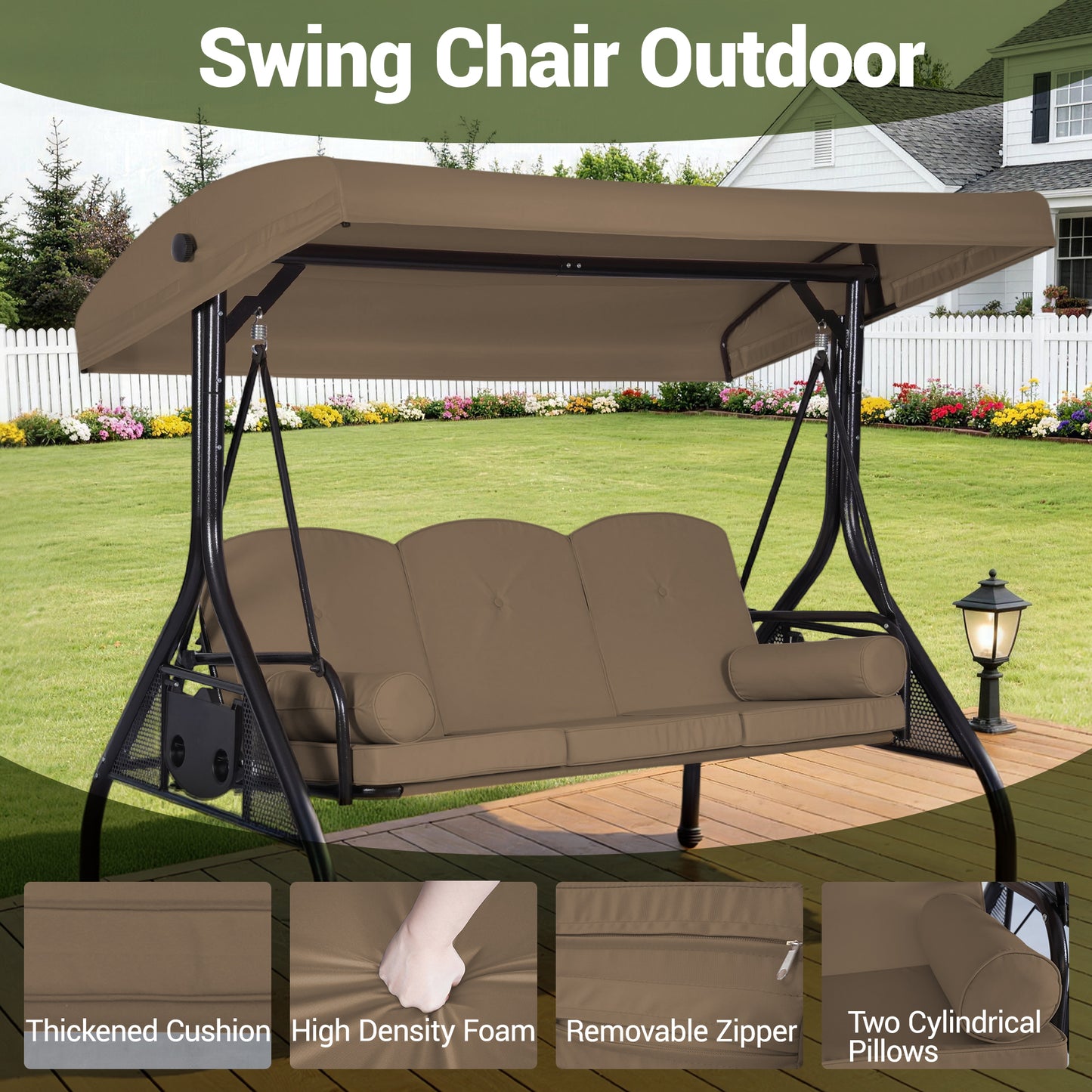 DELMANGO 3-Seat Outdoor Porch Swing with Adjustable Canopy, 2 in 1 Convertible Patio Swing Bed, Patio Glider Swing for Backyard, Brown