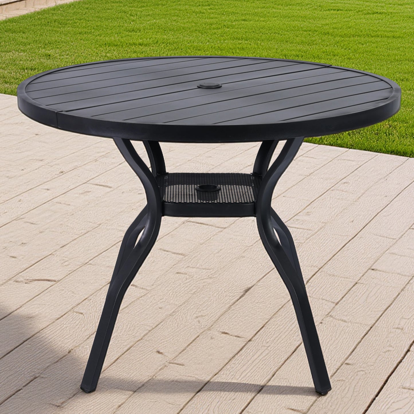 DELMANGO 41" Outdoor Dining Table for 4, Metal Round Patio Dining Table with Adjustable Umbrella Hole for Garden, Backyard and Porch, Black