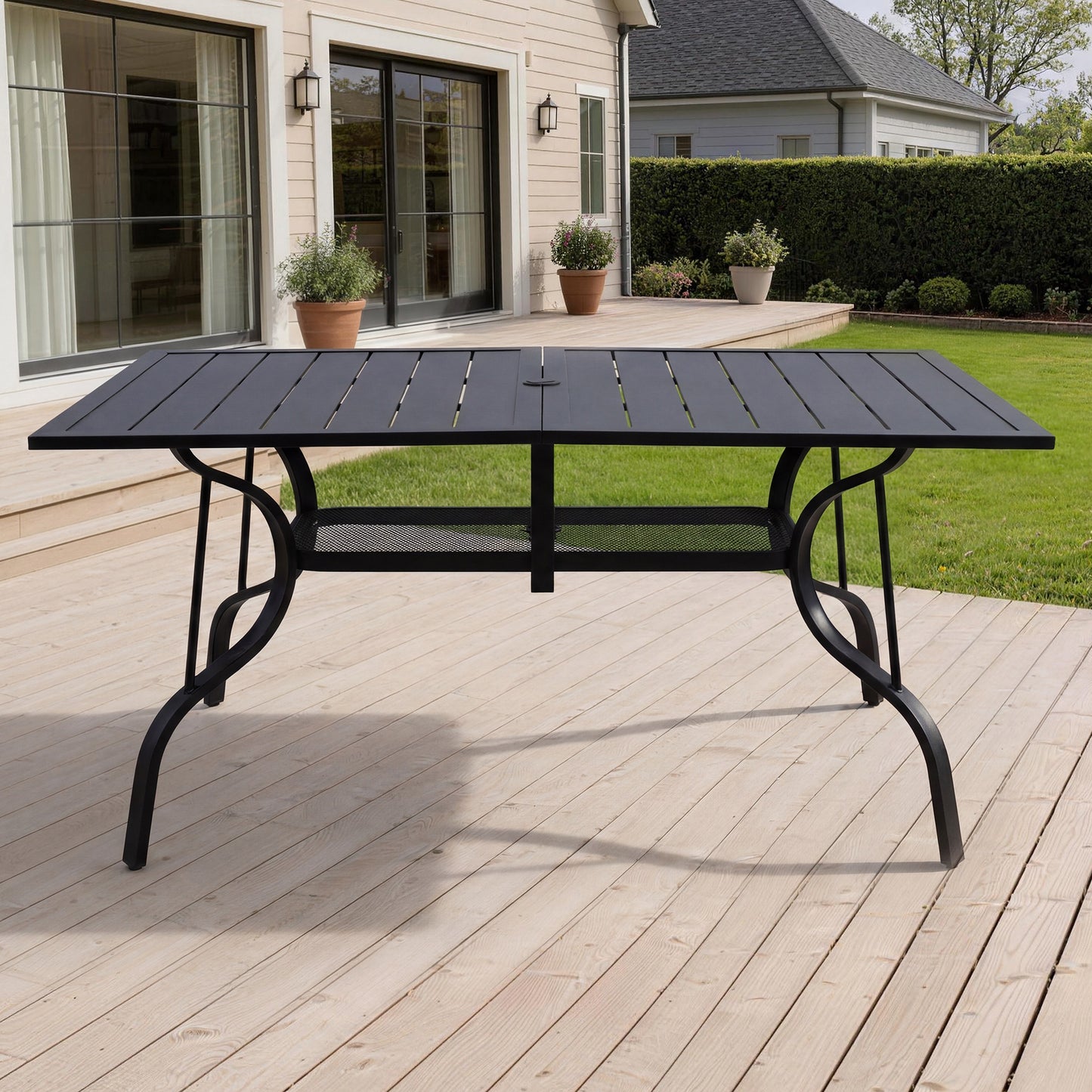 DELMANGO 63"x38" Outdoor Dining Table for 6, Metal Rectangle Patio Dining Table with Adjustable Umbrella Hole for Garden, Backyard and Porch, Black