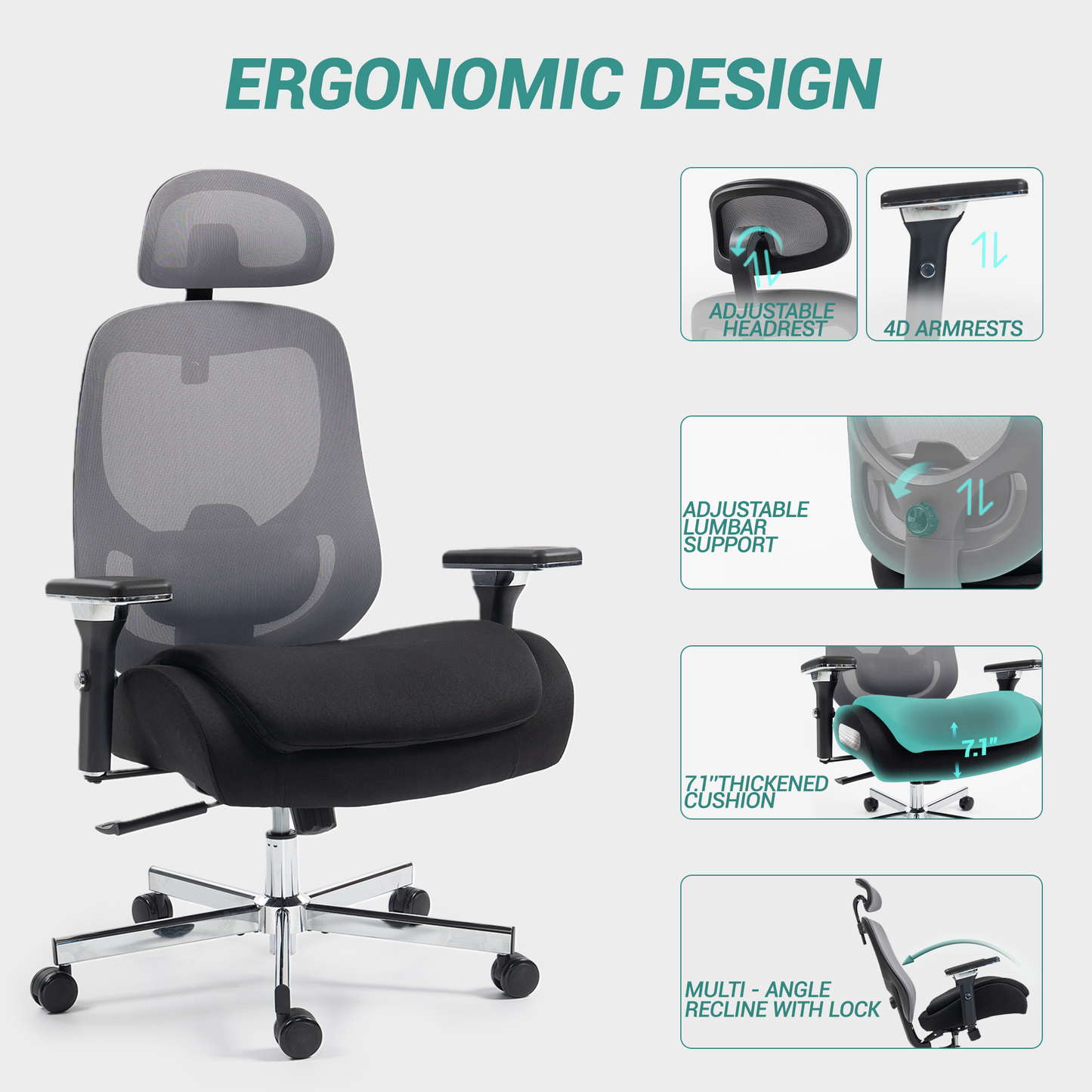 DELMANGO Ergonomic Mesh Office Chair, Comfortable Big and Tall Executive Desk Chair with 4D Adjustable Arms, 2D Lumbar Support & Headrest, Black/Grey