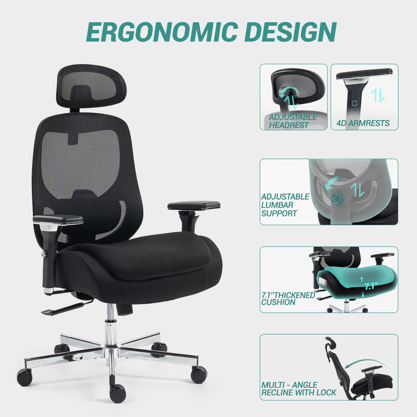 DELMANGO Ergonomic Mesh Office Chair, Comfortable Big and Tall Executive Desk Chair with 4D Adjustable Arms, 2D Lumbar Support & Headrest, Black