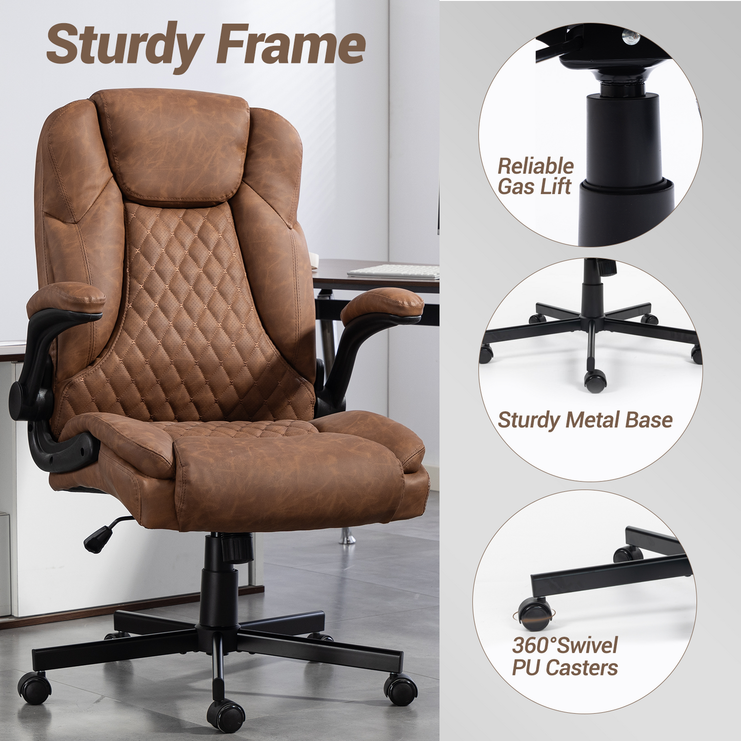 DELMANGO High-Back Executive Office Chair, Ergonomic Computer Desk Chair with Rocking Feature, PU Leather, Flip-Up Armrests and Lumbar Support, Brown