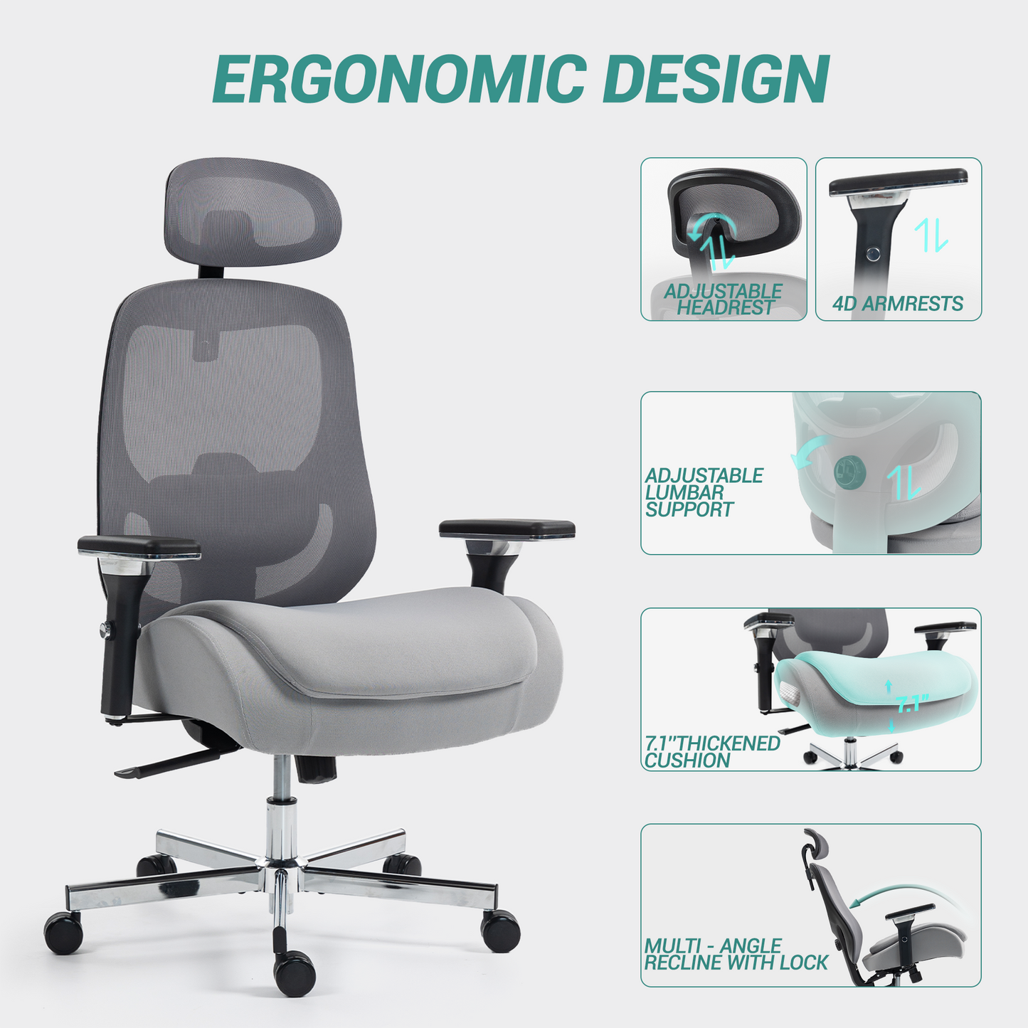 DELMANGO Ergonomic Mesh Office Chair, Comfortable Big and Tall Executive Desk Chair with 4D Adjustable Arms, 2D Lumbar Support & Headrest, Grey
