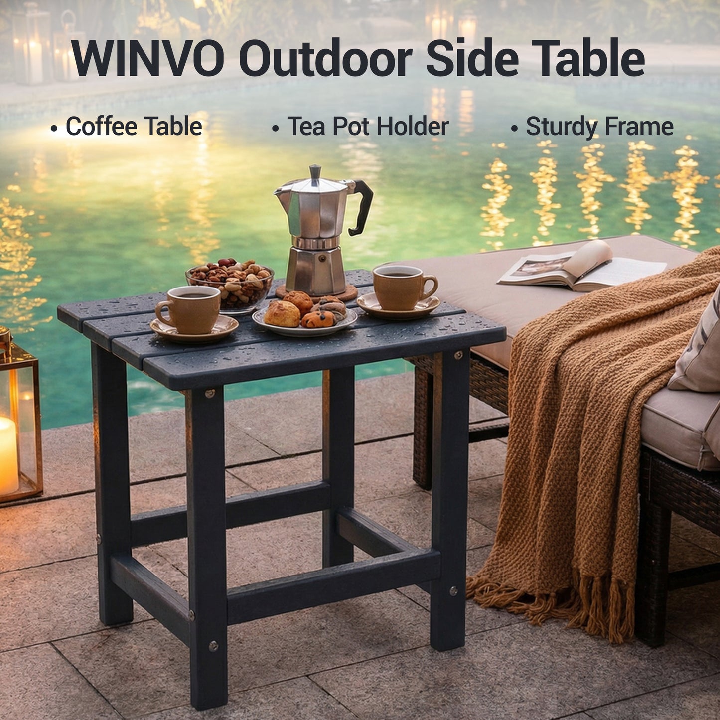 DELMANGO HDPE Outdoor Side Table - All Weather Performance Patio Side Table, Waterproof Small Outdoor End Table for Patio, Garden, Lawn, Pool, Balcony, Living Room Black