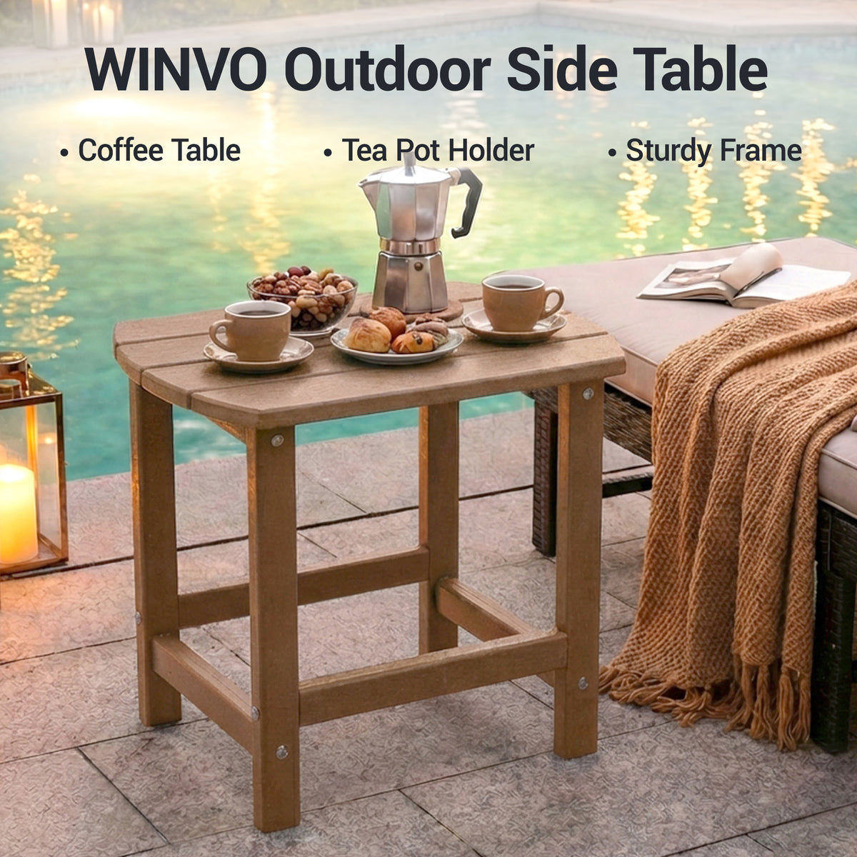 DELMANGO HDPE Outdoor Side Table - All Weather Performance Patio Side Table, Waterproof Small Outdoor End Table for Patio, Garden, Lawn, Pool, Balcony, Living Room Brown