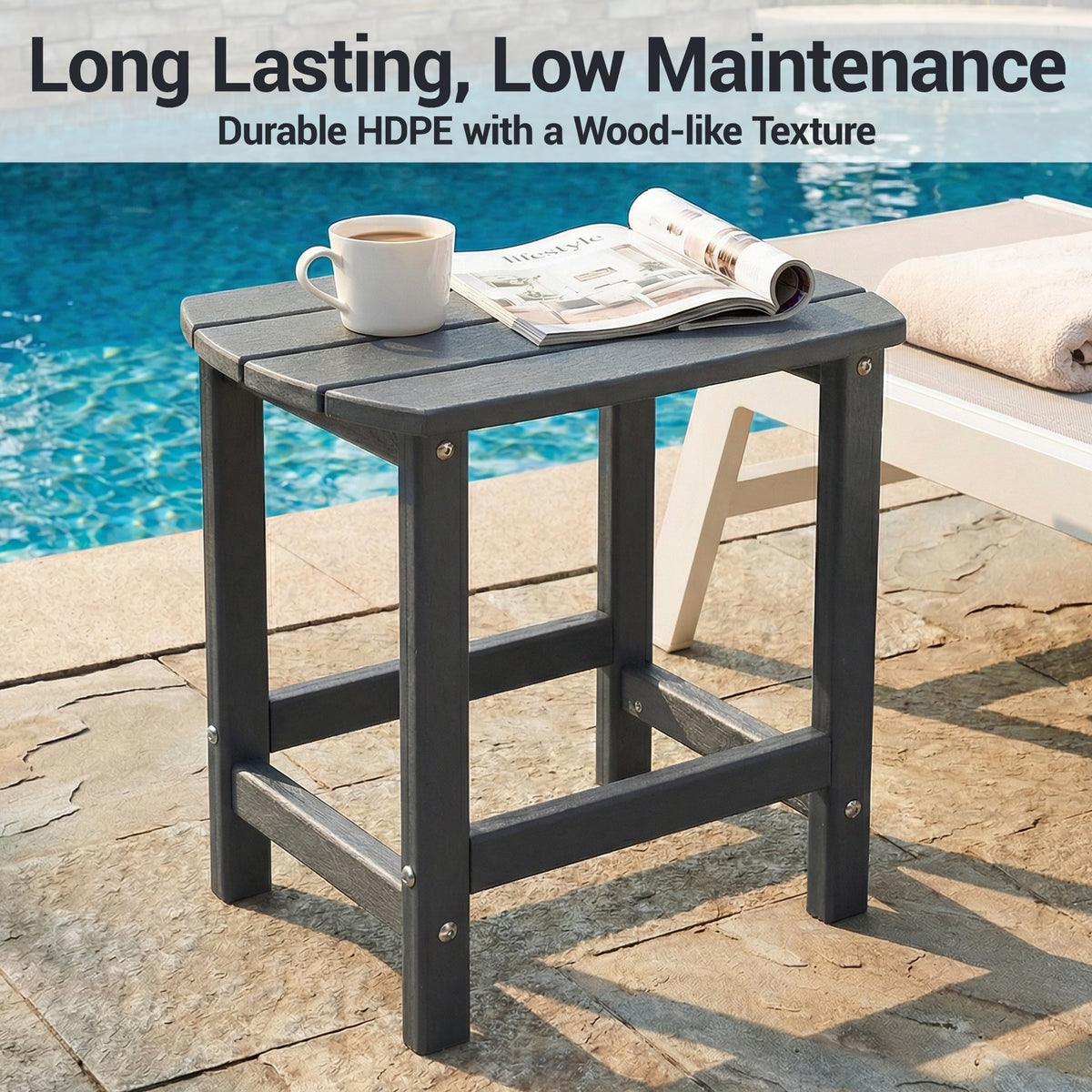 DELMANGO HDPE Outdoor Side Table - All Weather Performance Patio Side Table, Waterproof Small Outdoor End Table for Patio, Garden, Lawn, Pool, Balcony, Living Room Gray