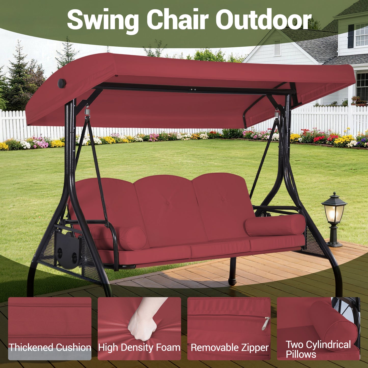 DELMANGO 3-Seat Outdoor Porch Swing with Adjustable Canopy, 2 in 1 Convertible Patio Swing Bed, Patio Glider Swing for Backyard, Red