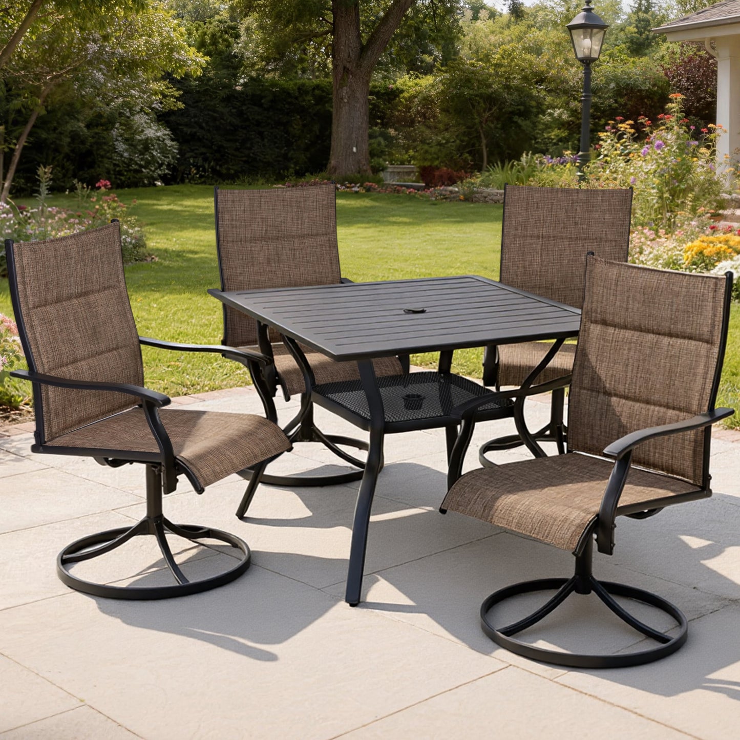 DELMANGO Patio Swivel Chairs Set of 4, Outdoor Dining Chairs High Back, All-Weather Textilene Swivel Rocker Chair for Lawn Porch Garden, Brown