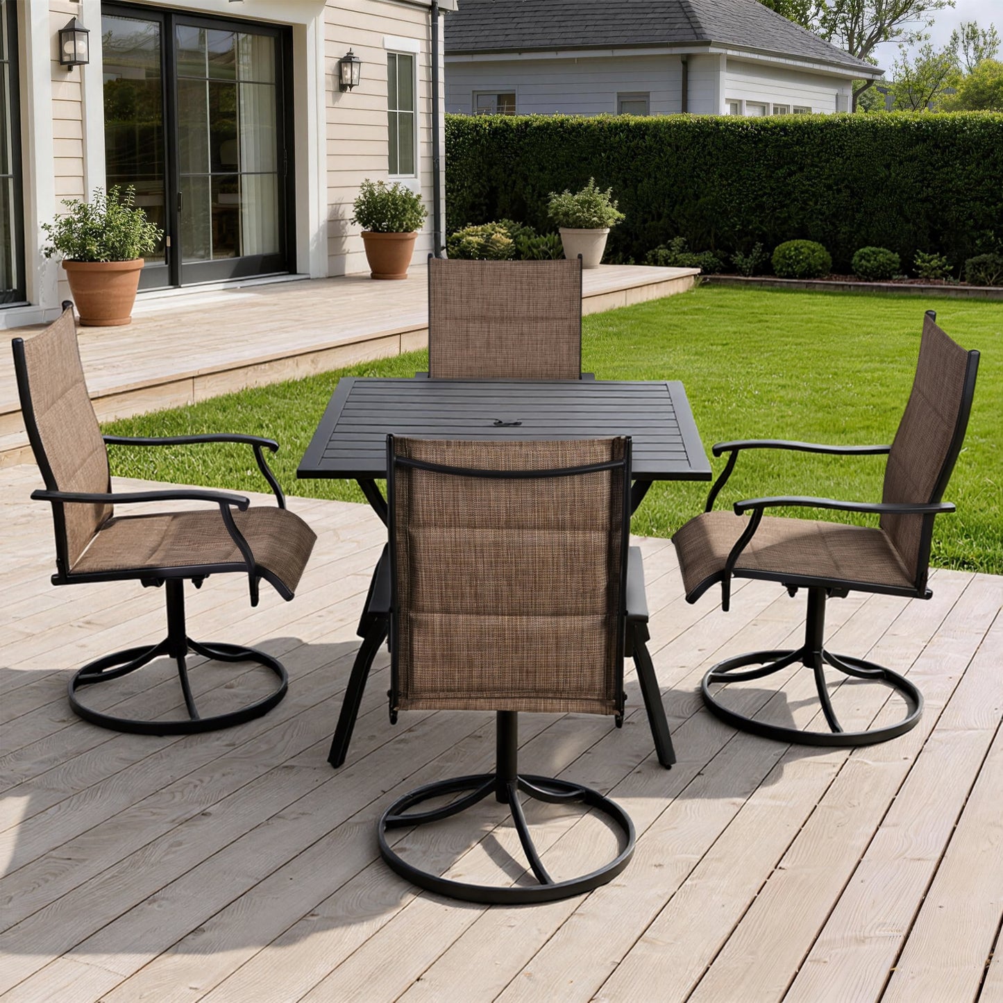 DELMANGO Patio Swivel Chairs Set of 4, Outdoor Dining Chairs High Back, All-Weather Textilene Swivel Rocker Chair for Lawn Porch Garden, Brown