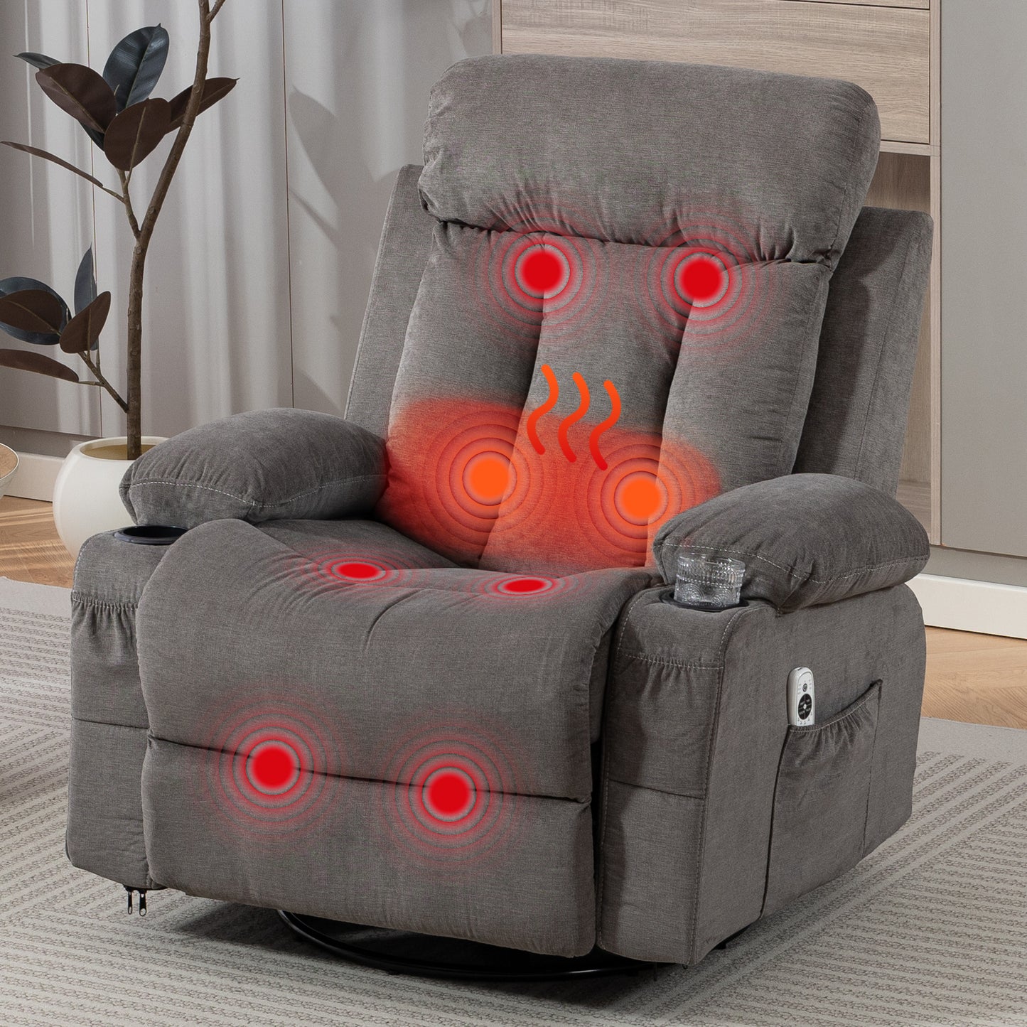 DELMANGO Swivel Rocker Recliner Chair with Vibration Massage & Heat, 360 Degree Rotating Lounge Chair for Adults, Ergonomic Rocking Chair with Side Pocket & Cup Holders, Grey