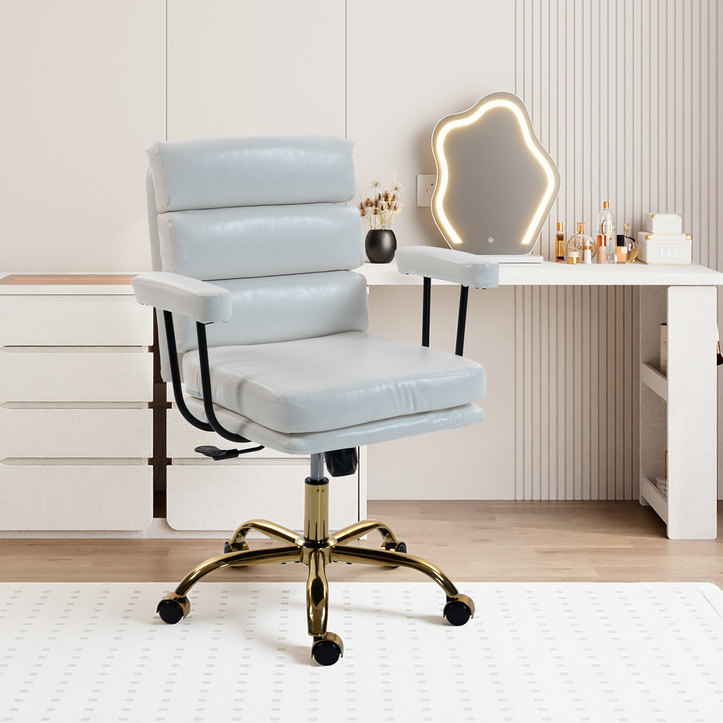 DELMANGO Faux Leather Home Office Desk Chair with Padded Seat & Armrests, Gold Base Vanity Swivel Chair with Adjustable Height and Wheels, White