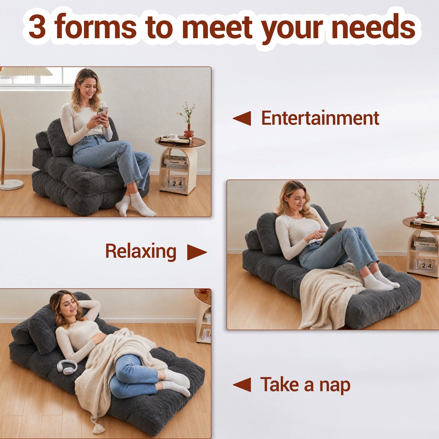Delmango Folding Sofa Bed Convertible Futon Couch with Pillow for Adults and Kids Gray