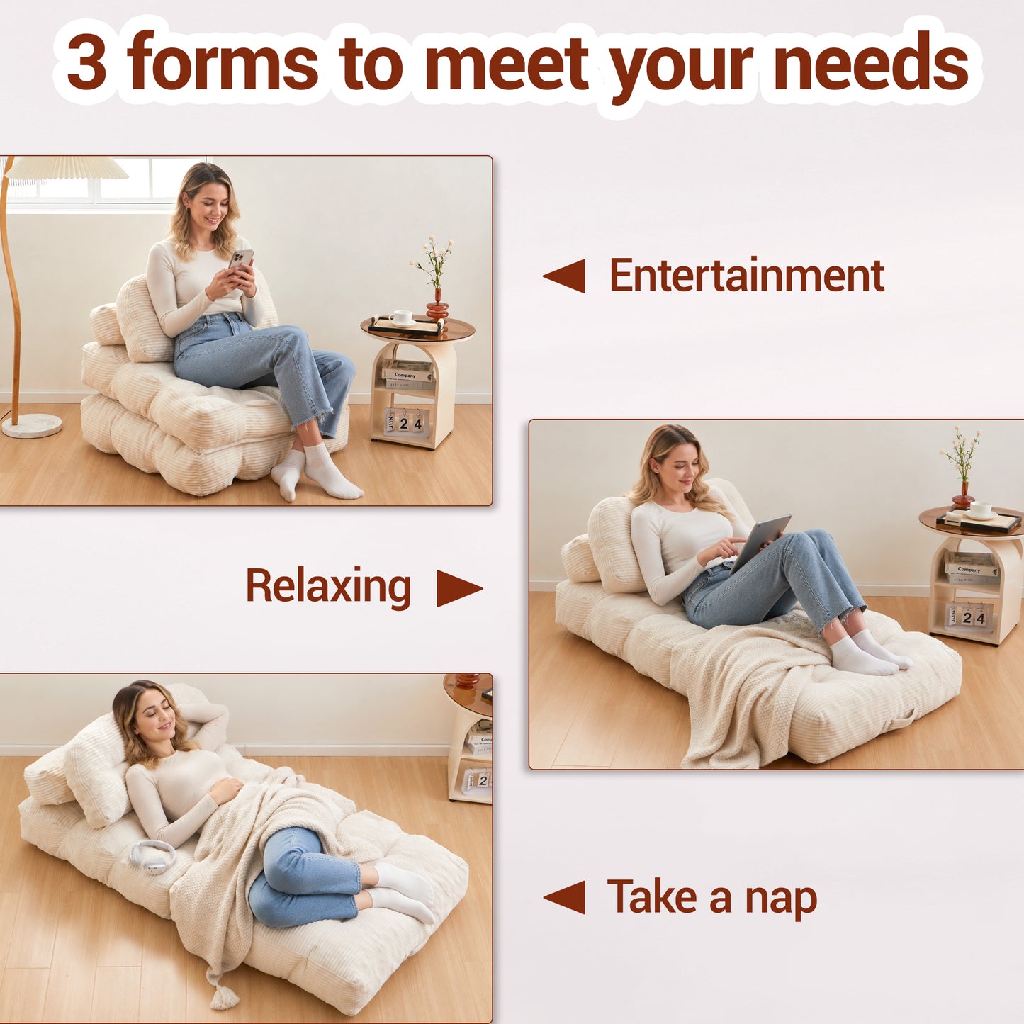 Delmango Folding Sofa Bed Convertible Futon Couch with Pillow for Adults and Kid Beige