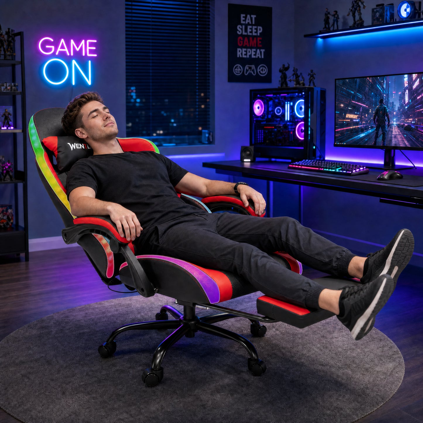 Delmango RGB Ergonomic Gaming Chair with Massage, LED Lights, Footrest, Lumbar Support, Red