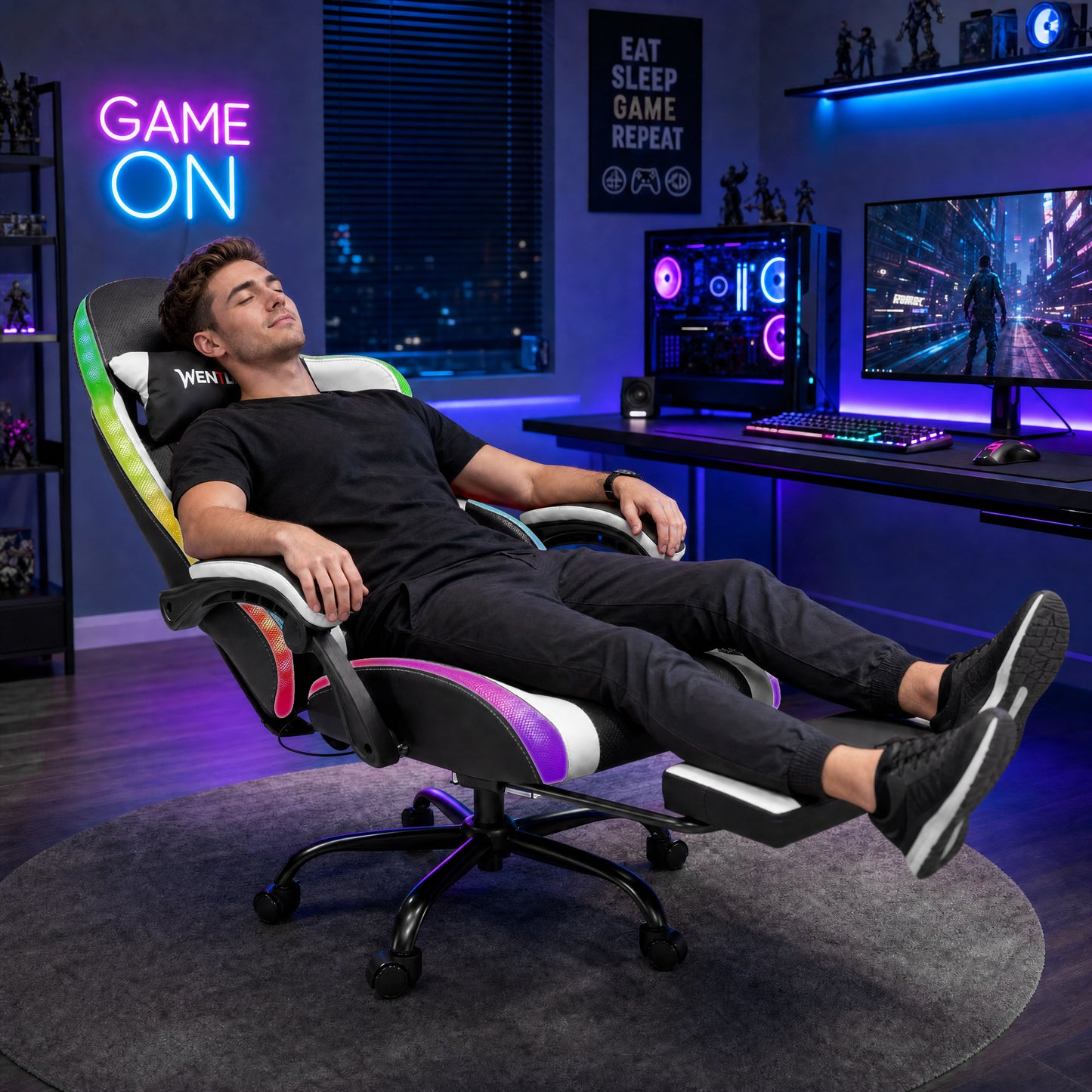 Delmango RGB Ergonomic Gaming Chair with Massage, LED Lights, Footrest, Lumbar Support, White