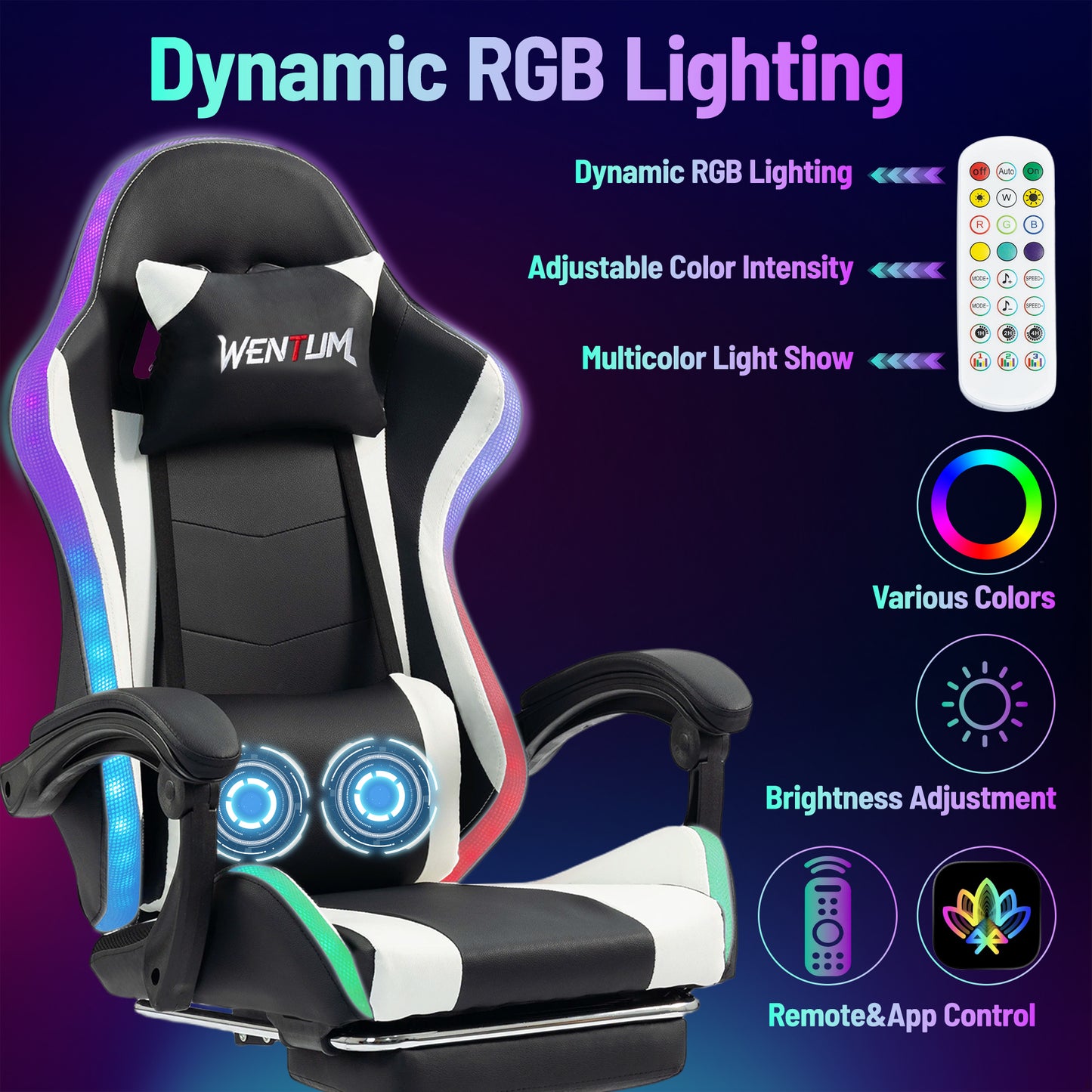DELMANGO Gaming Chair,Racing Style RGB LED Lights Gaming Chair with Footrest and Massage Lumbar Support ,High Back Reclining Computer Chair for Adults and Kids White/Black