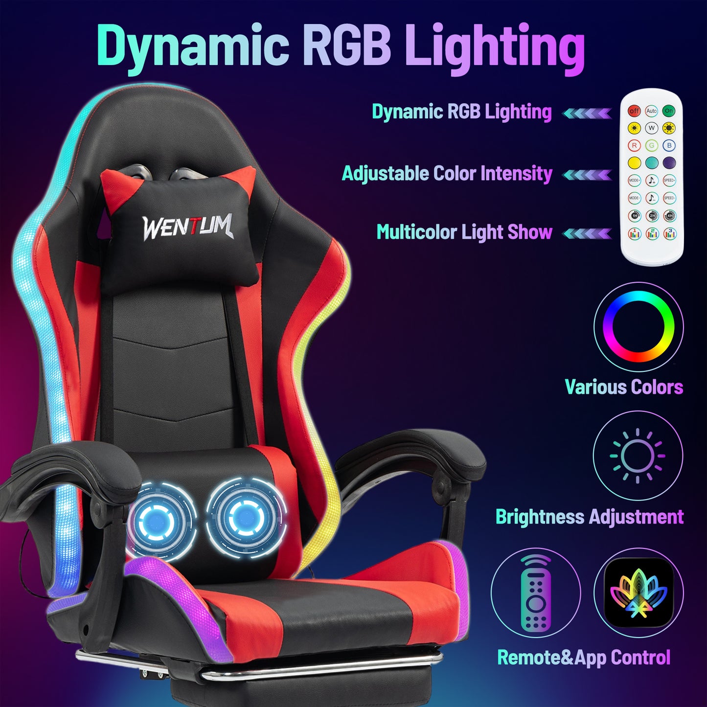 DELMANGO Gaming Chair,Racing Style RGB LED Lights Gaming Chair with Footrest and Massage Lumbar Support ,High Back Reclining Computer Chair for Adults and Kids Red/Black