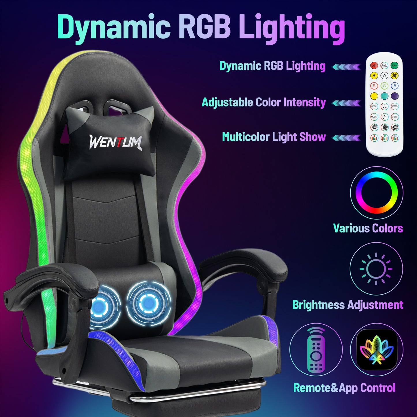 DELMANGO Gaming Chair,Racing Style RGB LED Lights Gaming Chair with Footrest and Massage Lumbar Support ,High Back Reclining Computer Chair for Adults and Kids Gray/Black