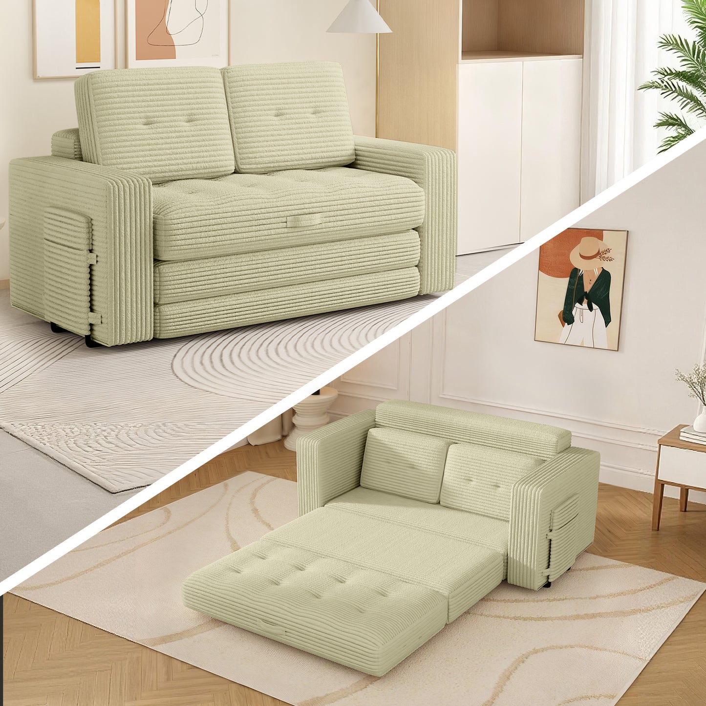 DELMANGO Convertible Loveseat Sleeper Sofa, Boneless Pull-Out Folding Couch Bed with Pillows for Living Room & Bedroom, Beige