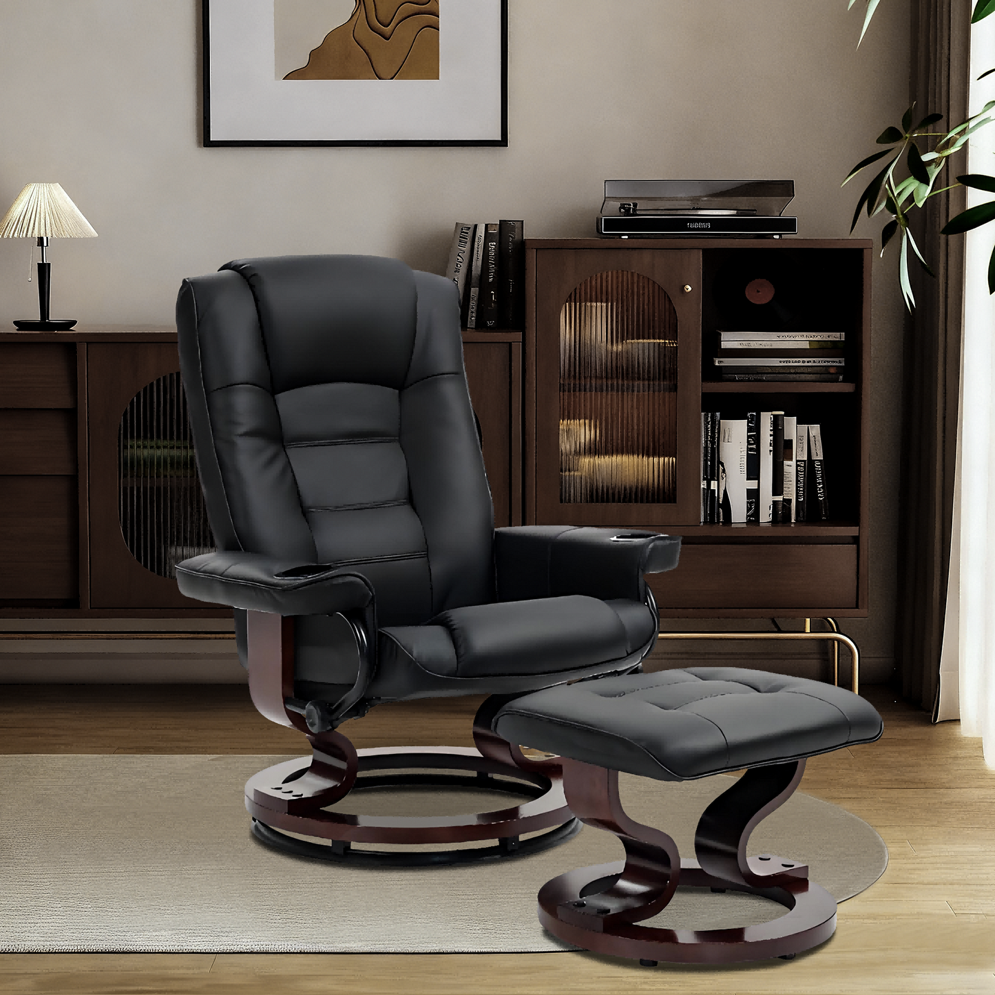 DELMANGO Swivel Recliner Chair with Ottoman, Wood Base Faux Leather Lounge Chair with Footrest, Accent Chair for Living Room & Bedroom, Black