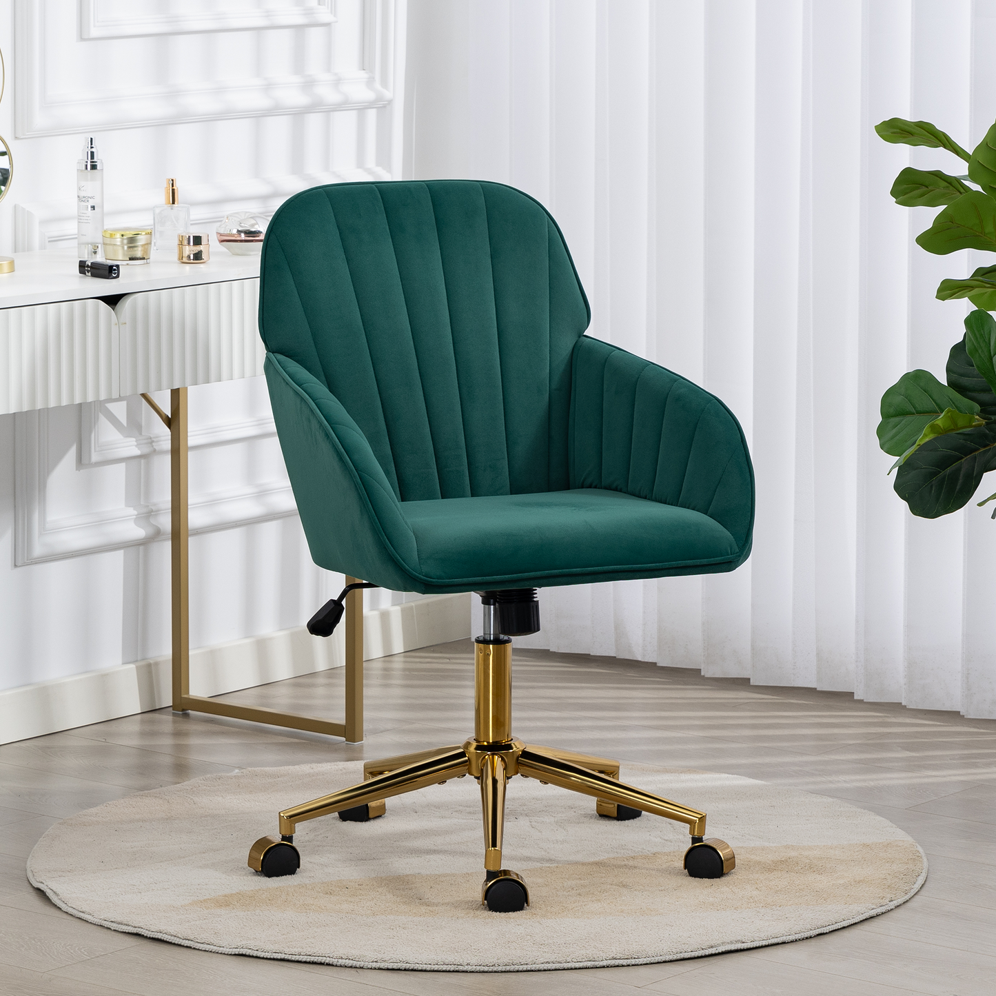 DELMANGO Velvet Adjustable Desk Chair with Gold Base & Wheels, Modern Swivel Vanity Office Chair for Home, Living Room, Bedroom & Study, Green