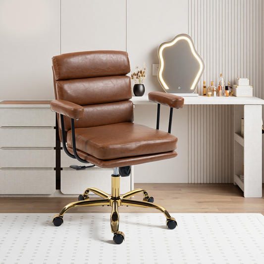 DELMANGO Faux Leather Home Office Desk Chair with Padded Seat & Armrests, Gold Base Vanity Swivel Chair with Adjustable Height and Wheels, Brown