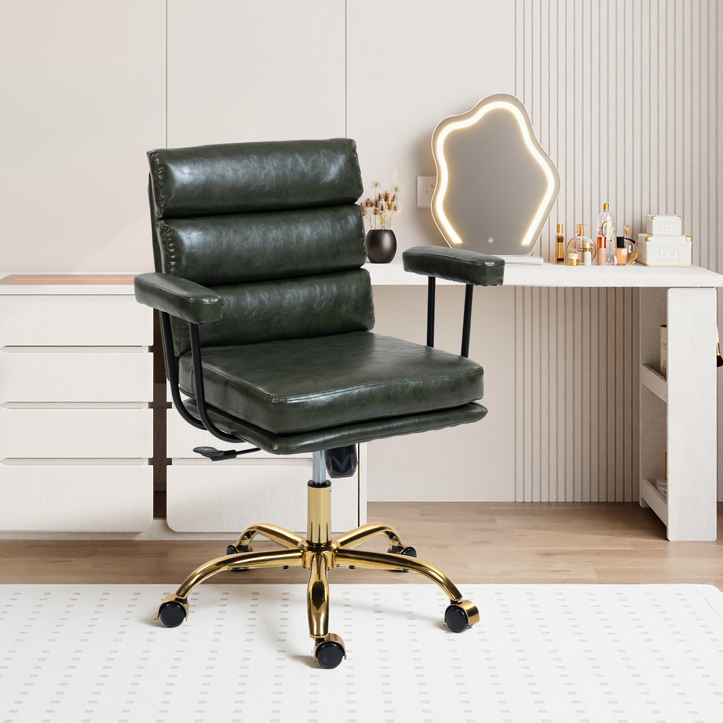 DELMANGO Faux Leather Home Office Desk Chair with Padded Seat & Armrests, Gold Base Vanity Swivel Chair with Adjustable Height and Wheels, Green