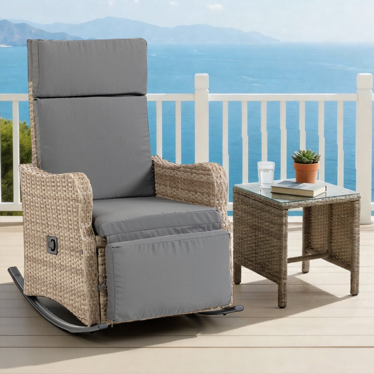 DELMANGO 2-in-1 Outdoor Recliner Chair set of 2, Gray – Rocking/Flat Footrest, 90°–135° Reclining Backrest, Rattan Wicker & Removable Cushion for Patio, Garden, Balcony, Porch