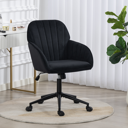 DELMANGO Velvet Adjustable Desk Chair with Gold Base & Wheels, Modern Swivel Vanity Office Chair for Home, Living Room, Bedroom & Study, Black