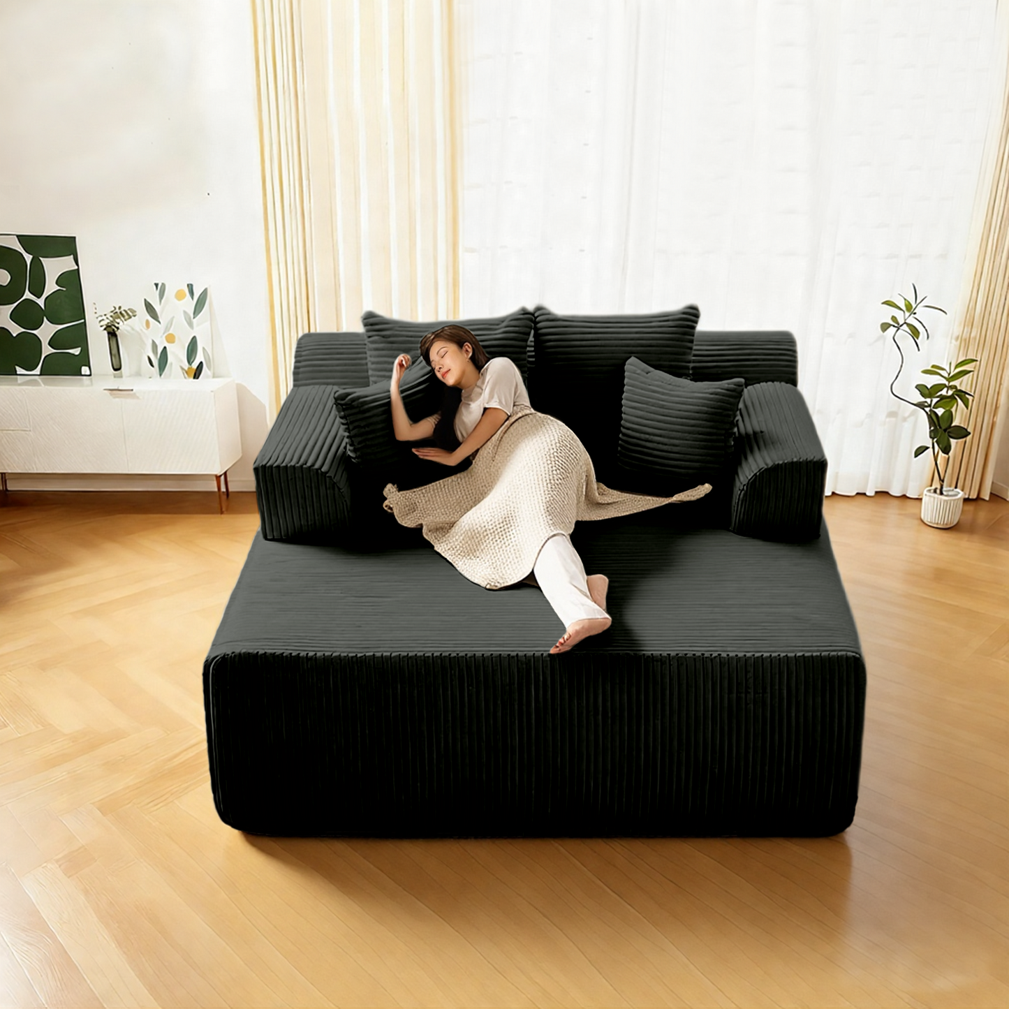 DELMANGO 58" Corduroy Chaise Lounge Chair, Oversized Boneless Sleeper Sofa with Armrests & 4 Pillows, No Assembly, for Living Room, Grey