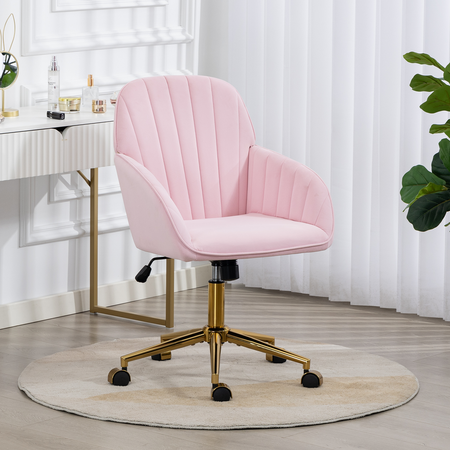 DELMANGO Velvet Adjustable Desk Chair with Gold Base & Wheels, Modern Swivel Vanity Office Chair for Home, Living Room, Bedroom & Study, Pink